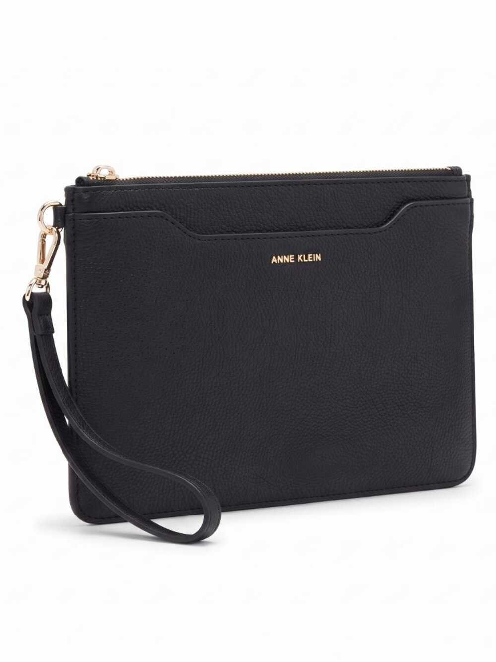 Anne Klein Black Faux Leather Wristlet Pouch Clutch Wallet Gold Hardware NWOT